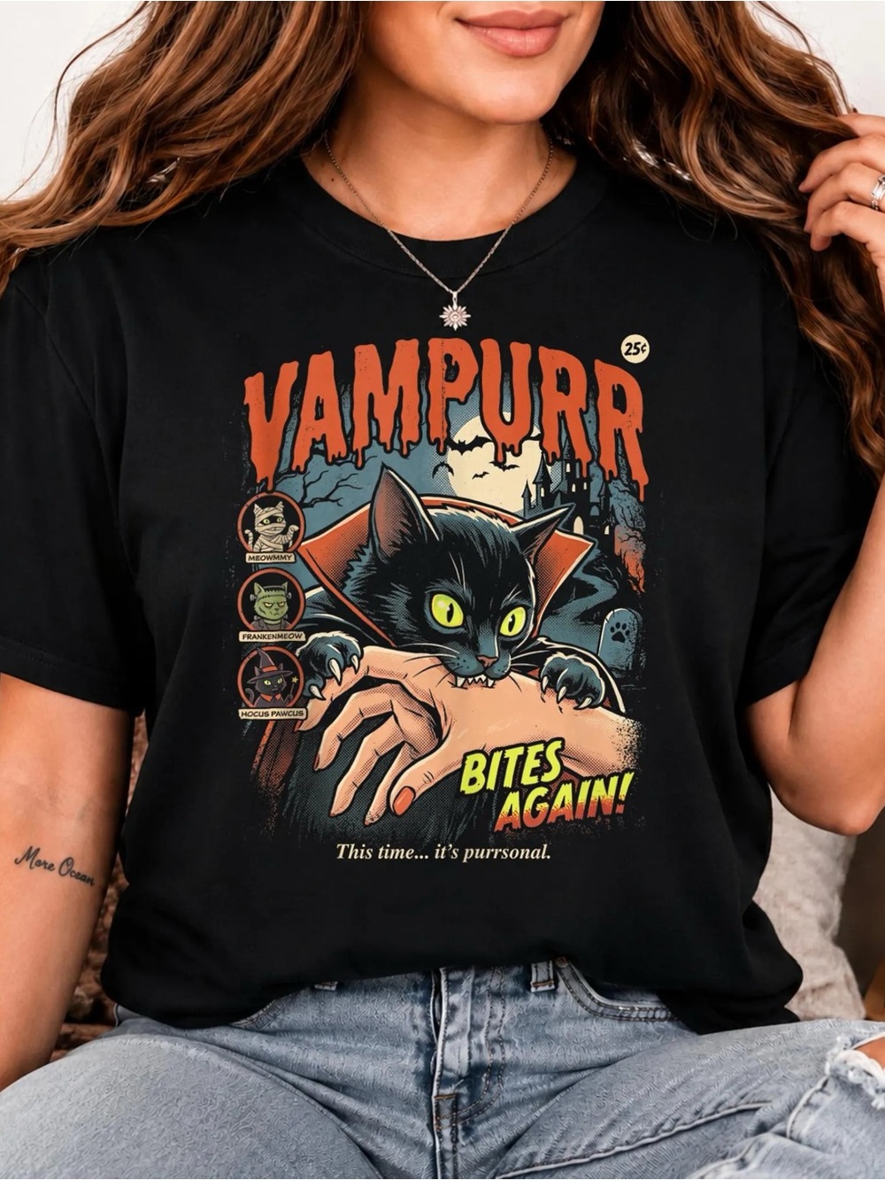 Vampurr Cat Dracula Shirt, HorrorGraphic Cat Tee in Black - Unisex Black